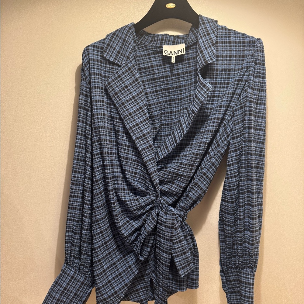 Ganni Navy Checkered Wrap Top